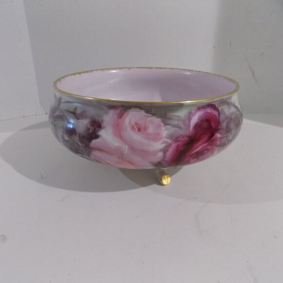 Vintage Limoges France 3 Footed Bowl Dish Pink Purple Roses - Picture 1 of 14